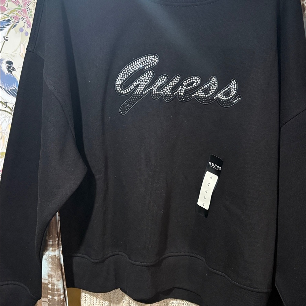 NWT!! GUESS Black Rhinestone Script Logo Sweatshirt - Picture 3 of 4